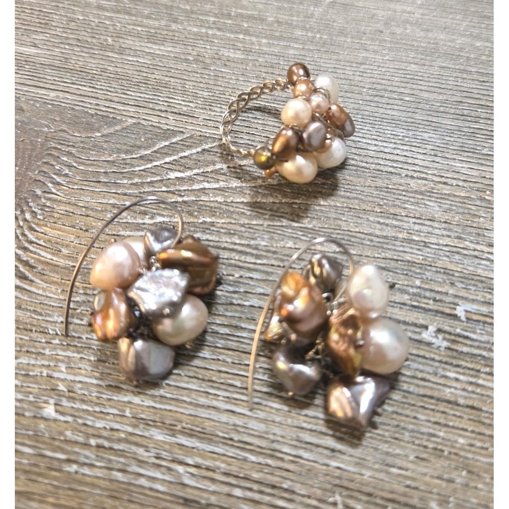 Freshwater Keshi Pearl Cluster Artisan Made Dangle Earrings &Wire Wrapped Ring